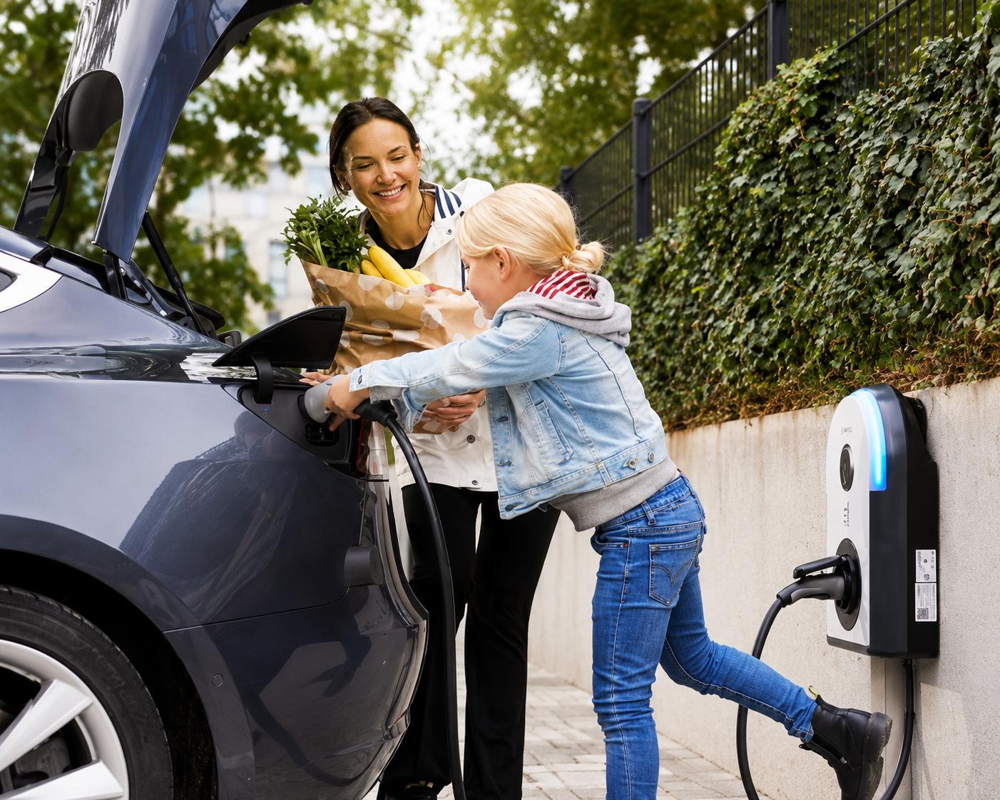 A person plugging in an EV at an enevi charger
