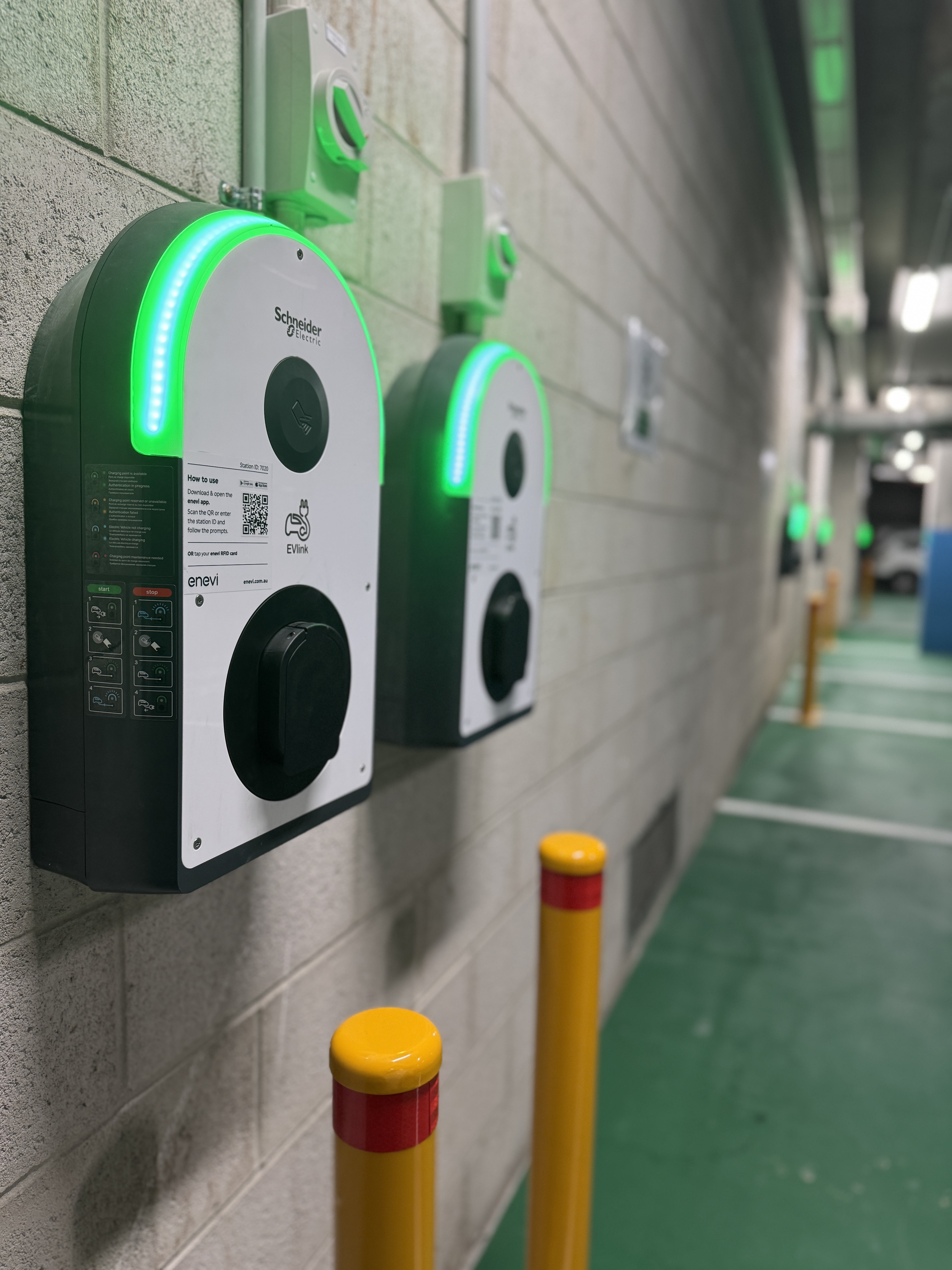 enevi branded EV charging stations installed in a basement car park